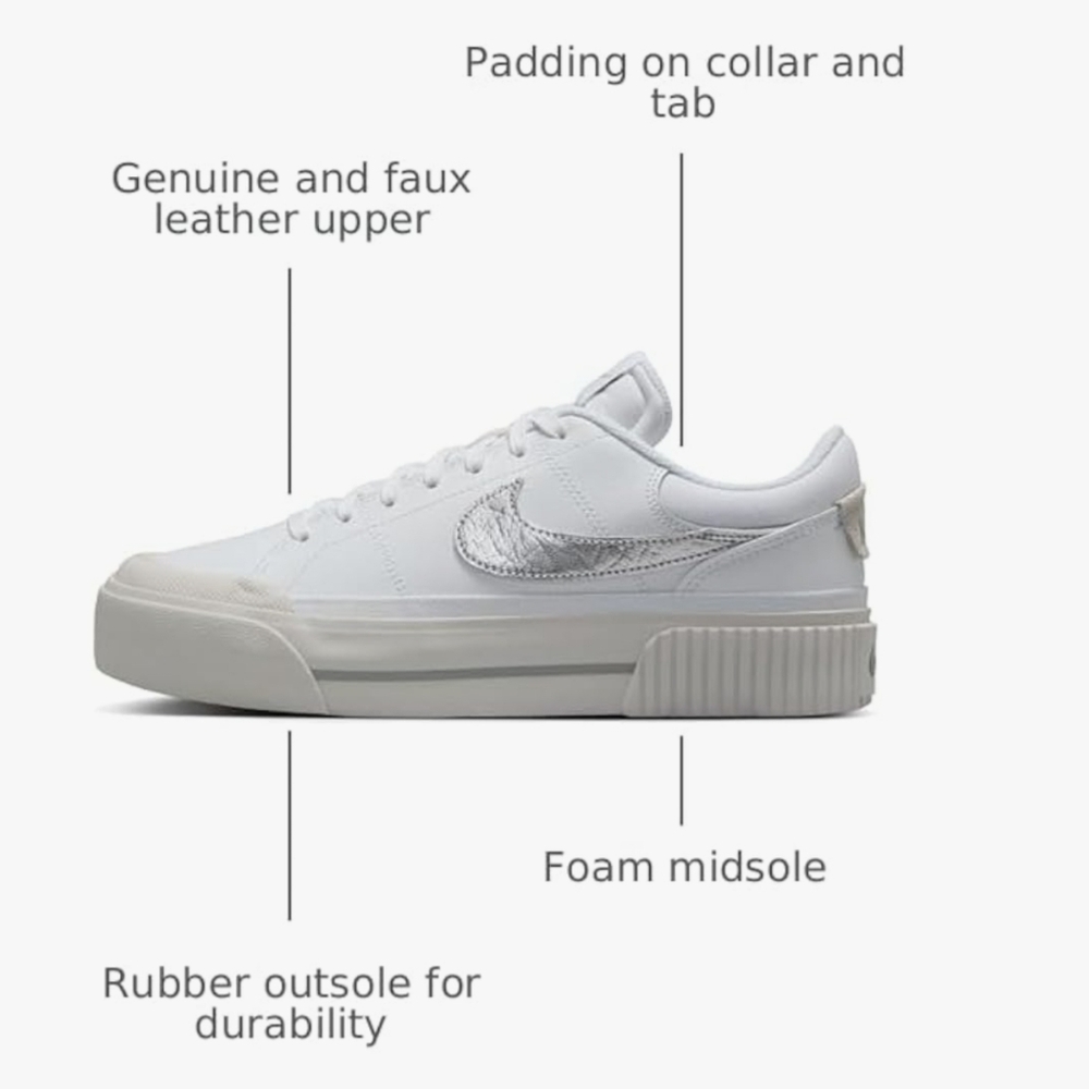 New - Nike Women's White Low-Top Sneakers with Metallic Swoosh
